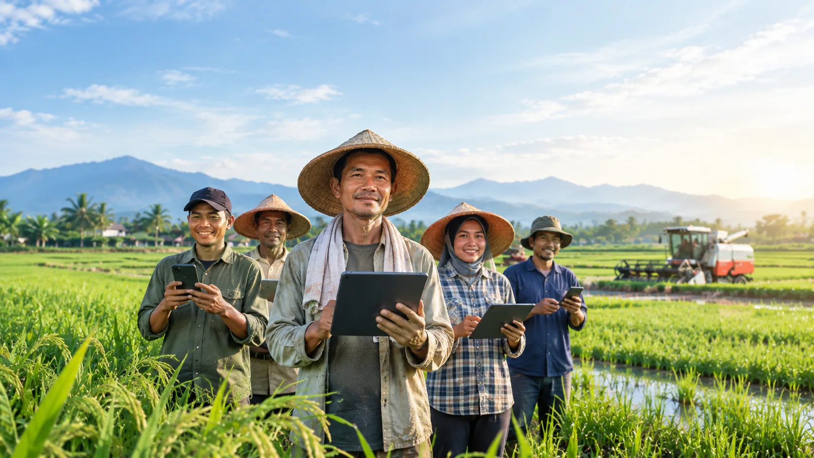 Kelompok tani bersama traktor di lahan sawah